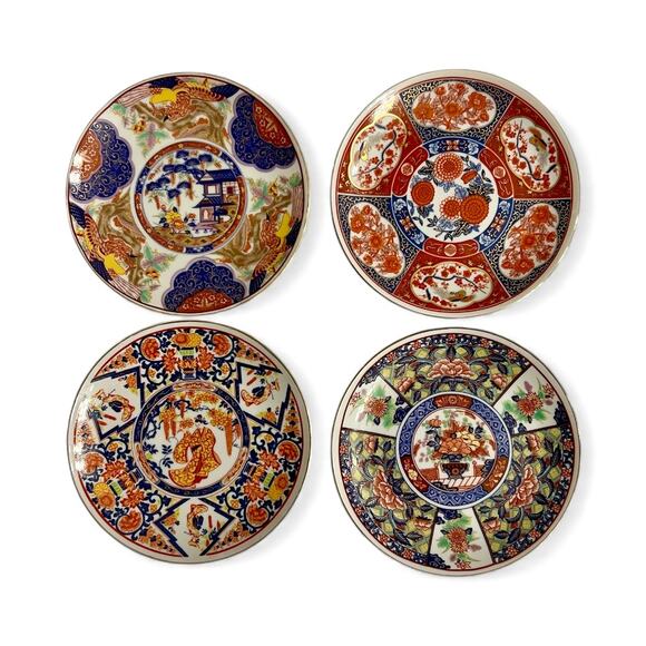 Vintage Japanese Imari Plates-4pc Set-Hand Painted Porcelain-Red Blue Gold-Asian - Picture 1 of 12